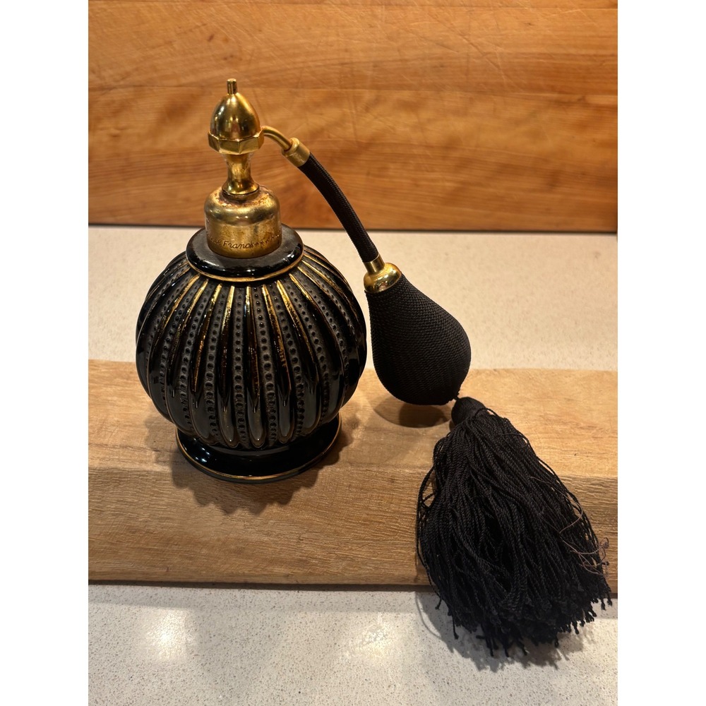 Vintage Marcel Franck Paris Limoges Perfume Atomizer Black Gold Hand Painted